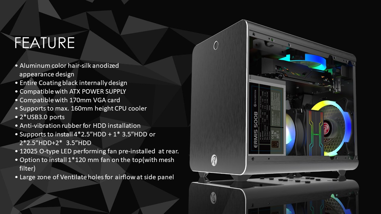 RAIJINTEK METIS PLUS BLACK, a Alu. M-ITX Case, is with one 12025 LED fan at  rear, USB 3.0* 2, Ventilate holes at top, Compatible with Standard ATX